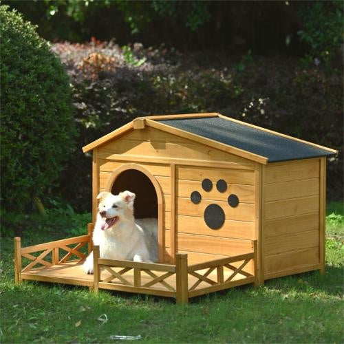 VelvetPaws™ 48” Wooden Outdoor Dog House with Porch & Water-Resistant Roof –  Dog Shelter