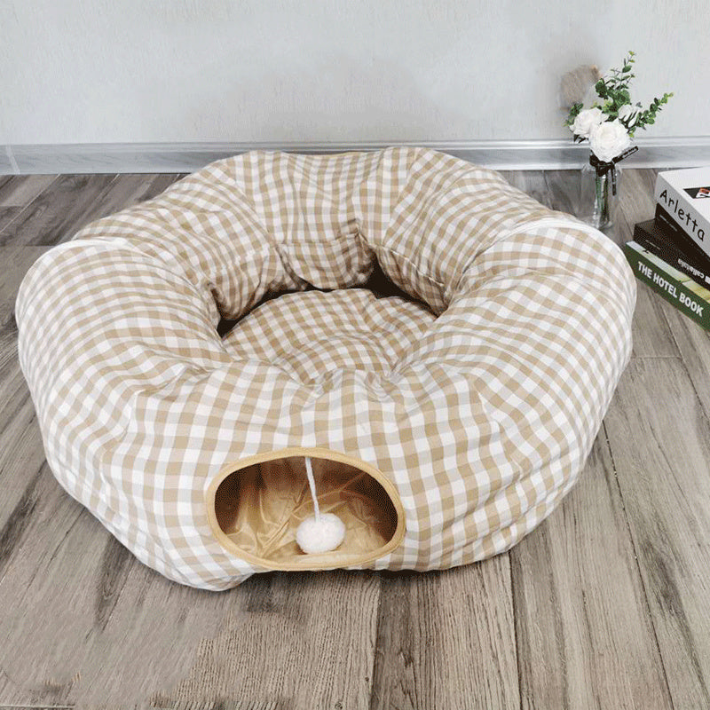 VelvetPaws™ Foldable Cat Tunnel & Sleeping Nest – 2-in-1 Cozy Hideaway & Play Tunnel