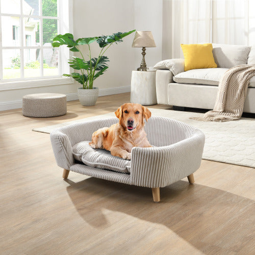 VelvetPaws™ Elevated Corduroy Pet Bed – Dog Couch with Rubber Wood Legs (Beige)