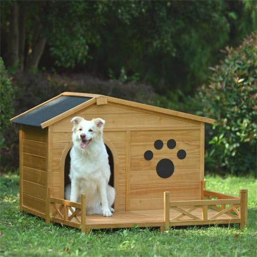 VelvetPaws™ 48” Wooden Outdoor Dog House with Porch & Water-Resistant Roof –  Dog Shelter