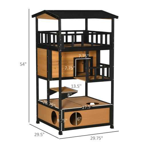 VelvetPaws™ Outdoor Wooden Cat House with Escape Door, Jump Platforms & Weatherproof Roof – Wild Cat Shelter
