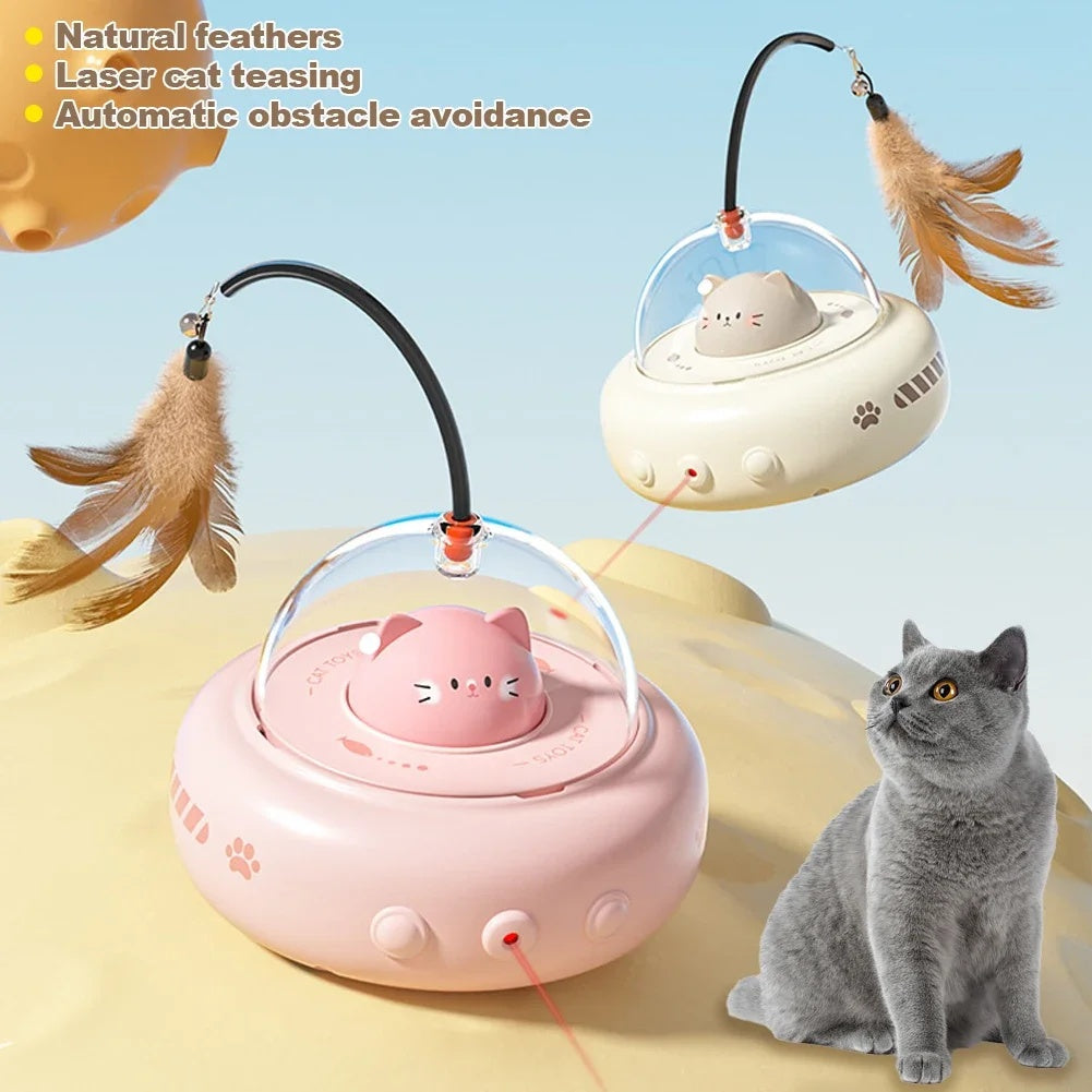 PurrChase™ UFO Teaser – Smart Electric Cat Toy with Feather & Bell | USB Rechargeable