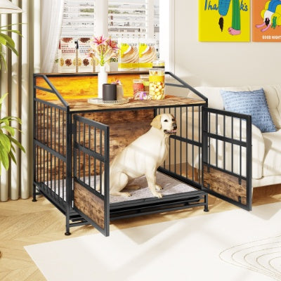 VelvetPaws™ Multi-Function Wooden Dog Crate Furniture with Storage, Double Doors & LED Lighting