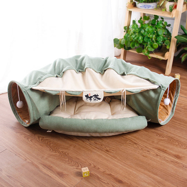 VelvetPaws™ Cat Tunnel Playground – Collapsible Matcha Park Passage with Sleeping Mat
