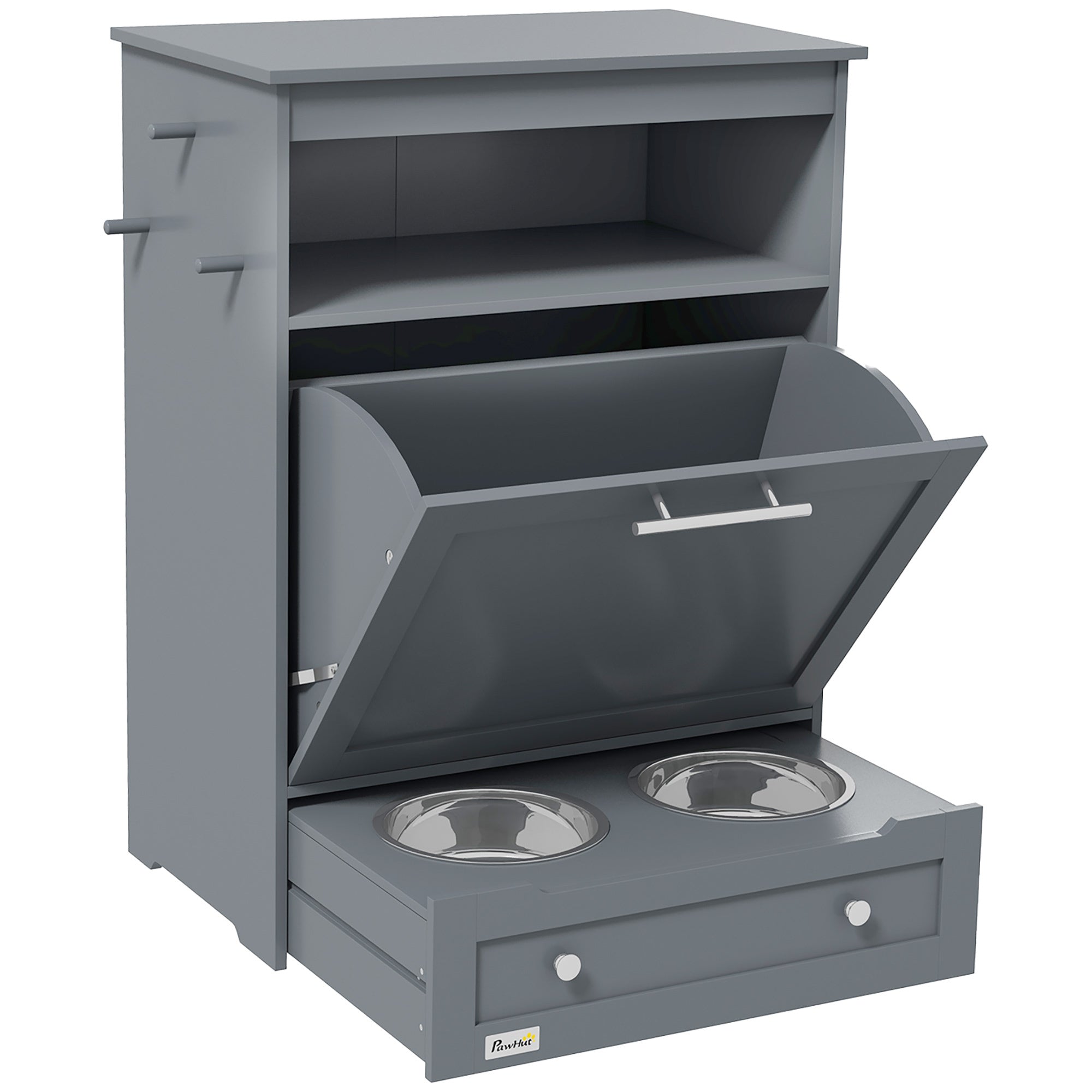 VelvetPaws™ Pet Feeder Station Locker – Grey | Raised Bowls & Hidden Storage Cabinet