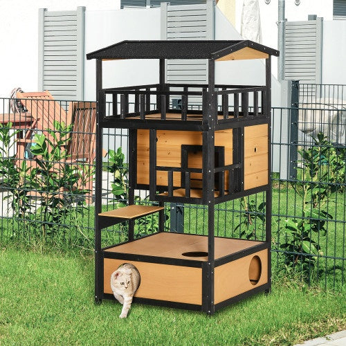 VelvetPaws™ Outdoor Wooden Cat House with Escape Door, Jump Platforms & Weatherproof Roof – Wild Cat Shelter