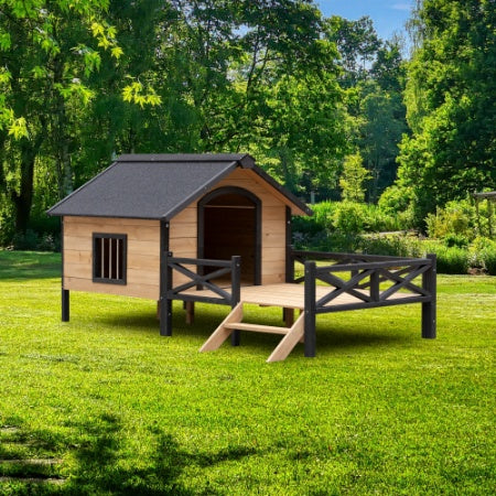 VelvetPaws™ Outdoor Wooden Dog House with Porch – Large Cabin Style Kennel