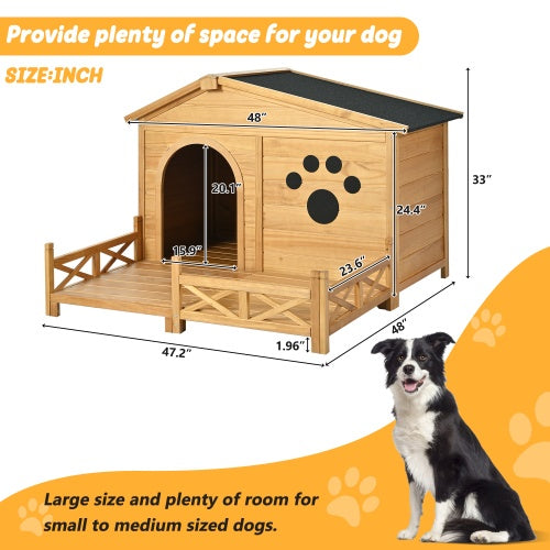 VelvetPaws™ 48” Wooden Outdoor Dog House with Porch & Water-Resistant Roof –  Dog Shelter