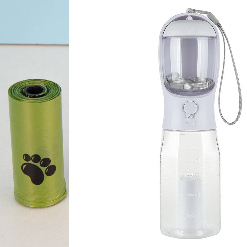 VelvetPaws™ 3-in-1 Travel Hydration Bottle – Water, Food & Poop Bag Dispenser