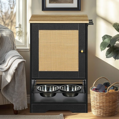 VelvetPaws™ Hidden Feeding Station – Black + Vintage | Dual Raised Bowls, Storage & Side Hooks