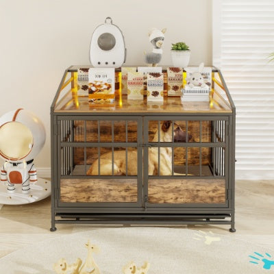 VelvetPaws™ Multi-Function Wooden Dog Crate Furniture with Storage, Double Doors & LED Lighting