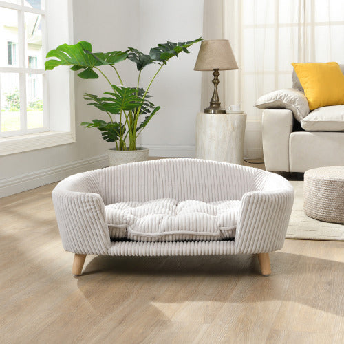 VelvetPaws™ Elevated Corduroy Pet Bed – Dog Couch with Rubber Wood Legs (Beige)