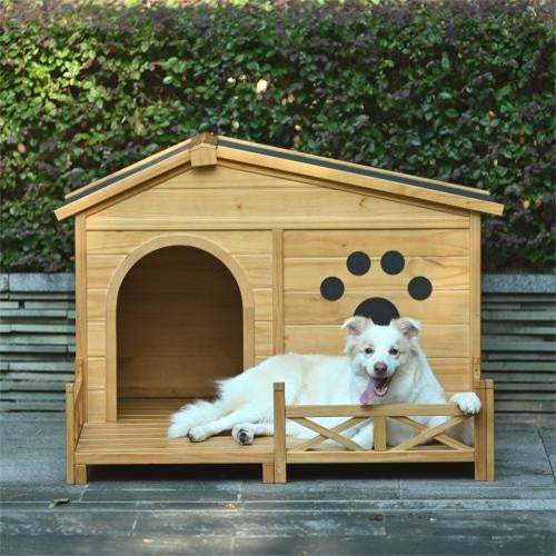 VelvetPaws™ 48” Wooden Outdoor Dog House with Porch & Water-Resistant Roof –  Dog Shelter