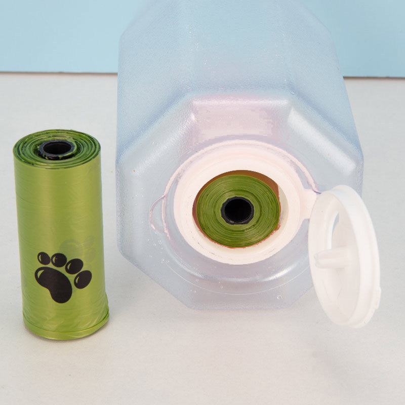 VelvetPaws™ 3-in-1 Travel Hydration Bottle – Water, Food & Poop Bag Dispenser