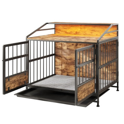 VelvetPaws™ Multi-Function Wooden Dog Crate Furniture with Storage, Double Doors & LED Lighting