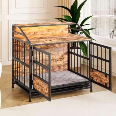 VelvetPaws™ Multi-Function Wooden Dog Crate Furniture with Storage, Double Doors & LED Lighting