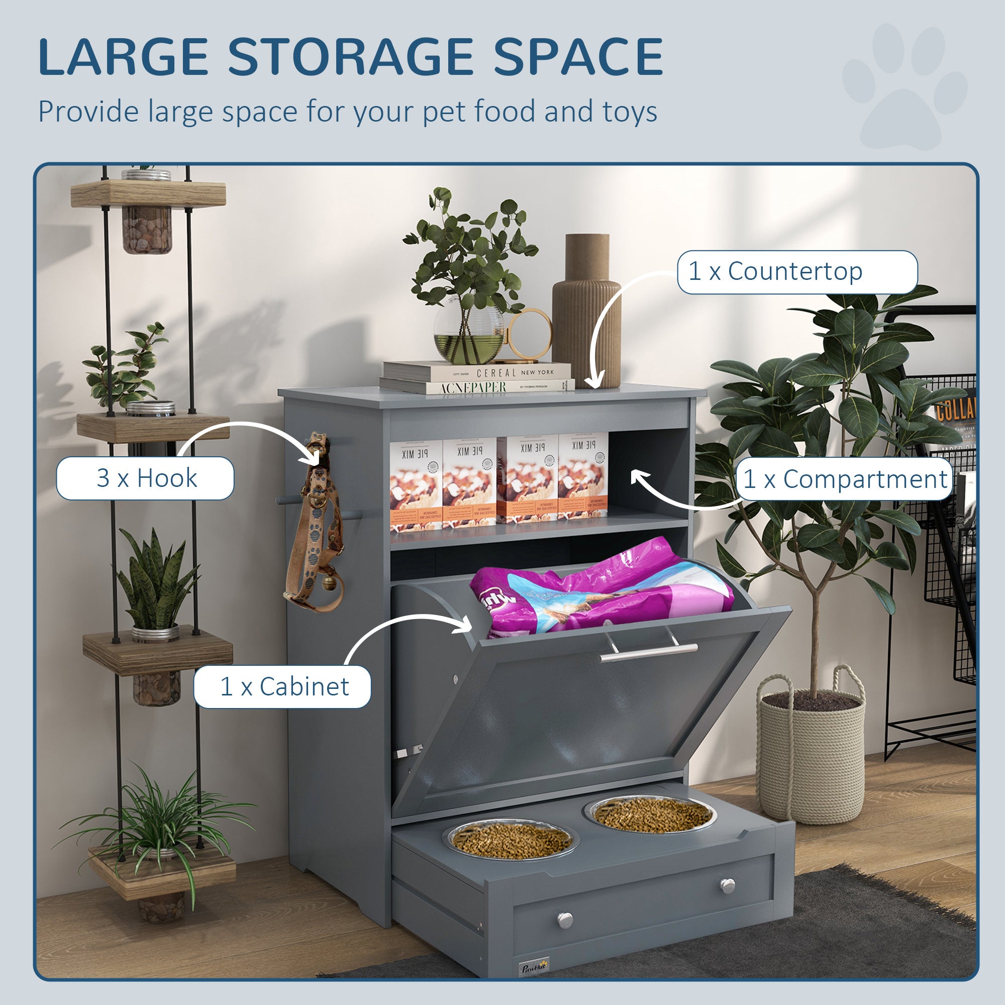 VelvetPaws™ Pet Feeder Station Locker – Grey | Raised Bowls & Hidden Storage Cabinet
