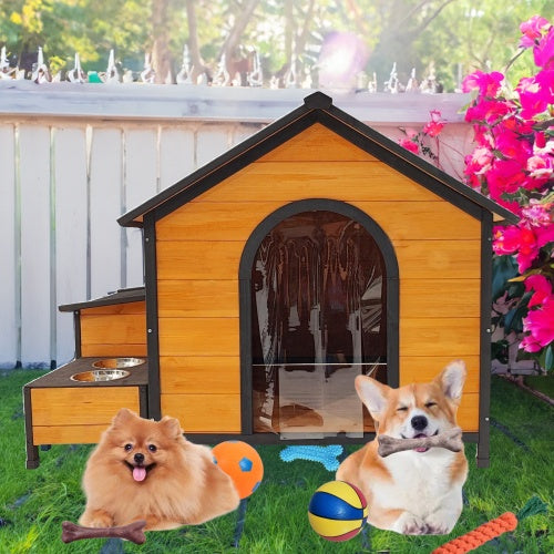 VelvetPaws™ Modular Wooden Dog House with Feeding Station & Toy Storage – Multi-Dog Outdoor Shelter
