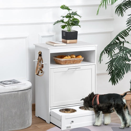 VelvetPaws™ Pet Feeder Station Locker – White | Elevated Feeding Bowls & Storage Cabinet for Dogs & Cats