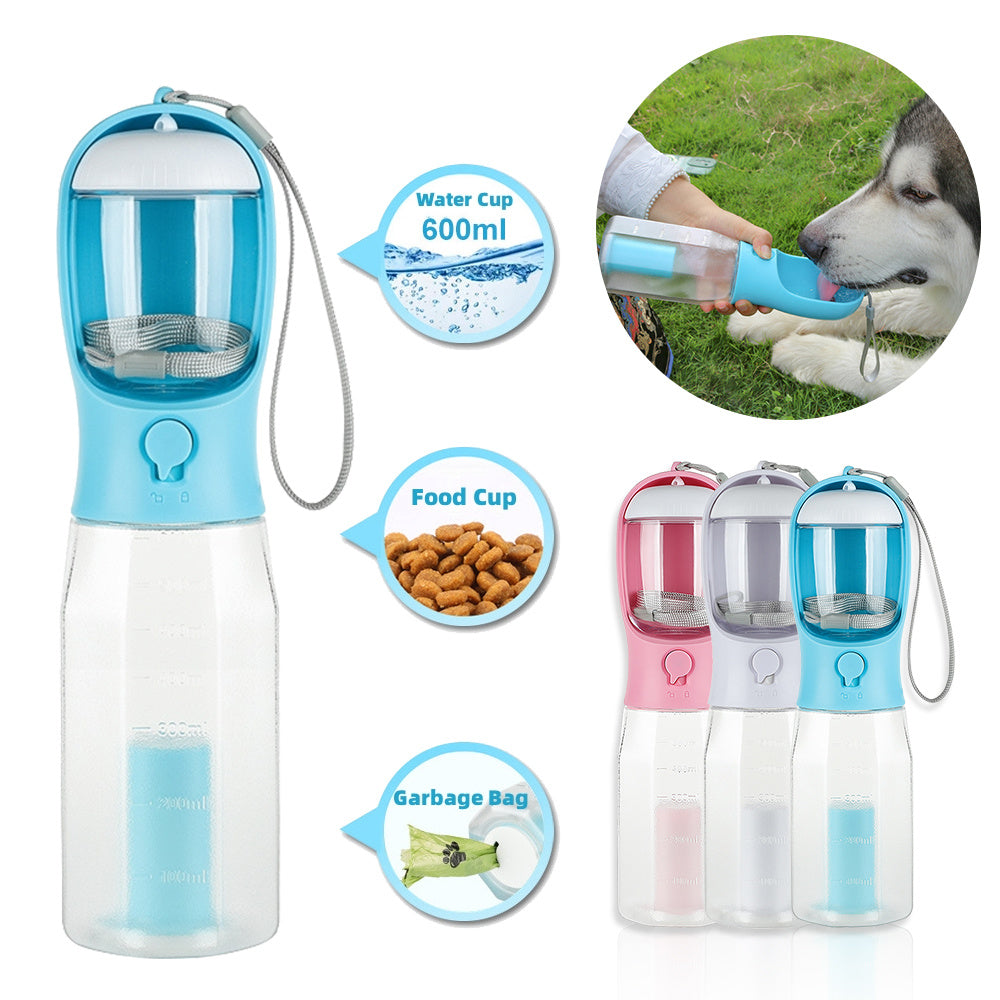VelvetPaws™ 3-in-1 Travel Hydration Bottle – Water, Food & Poop Bag Dispenser