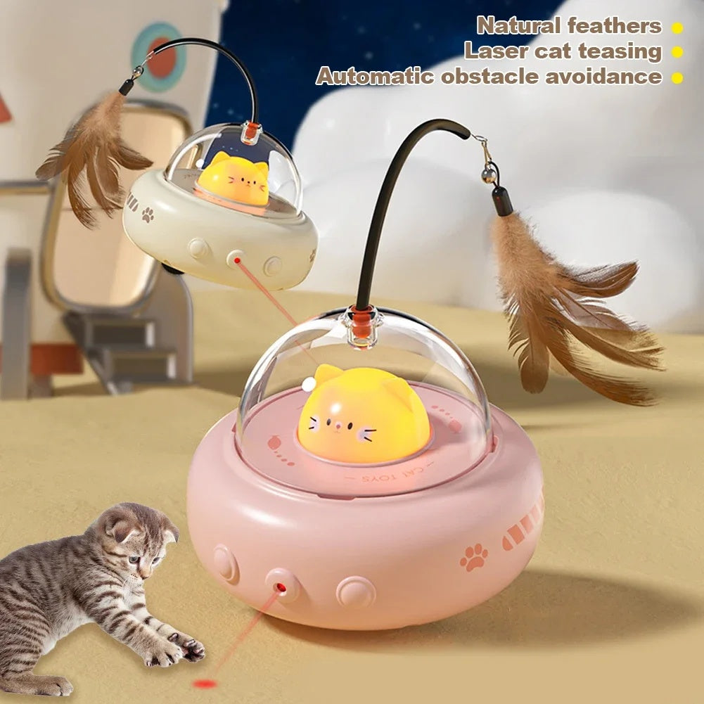 PurrChase™ UFO Teaser – Smart Electric Cat Toy with Feather & Bell | USB Rechargeable