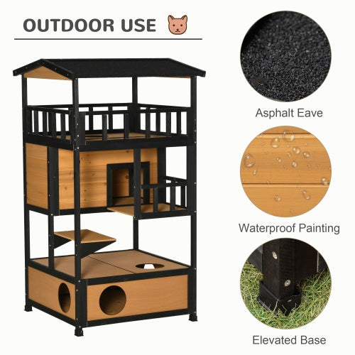VelvetPaws™ Outdoor Wooden Cat House with Escape Door, Jump Platforms & Weatherproof Roof – Wild Cat Shelter