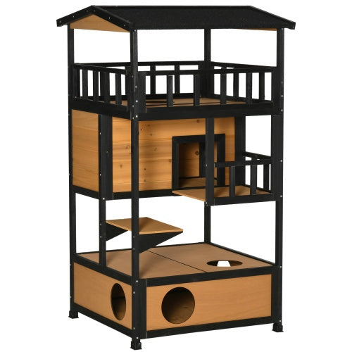 VelvetPaws™ Outdoor Wooden Cat House with Escape Door, Jump Platforms & Weatherproof Roof – Wild Cat Shelter