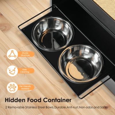 VelvetPaws™ Hidden Feeding Station – Black + Vintage | Dual Raised Bowls, Storage & Side Hooks