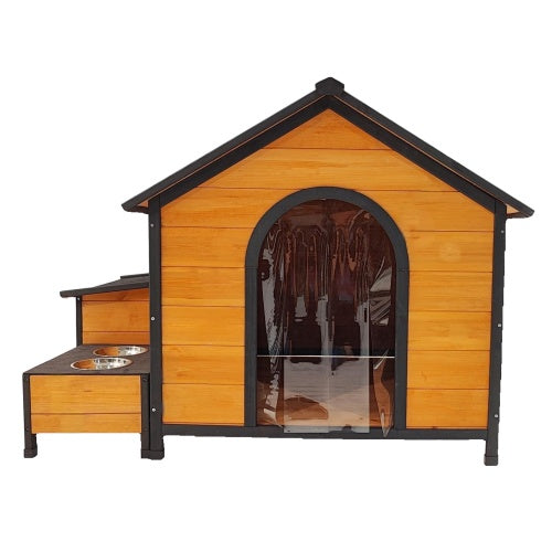 VelvetPaws™ Modular Wooden Dog House with Feeding Station & Toy Storage – Multi-Dog Outdoor Shelter