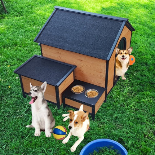 VelvetPaws™ Modular Wooden Dog House with Feeding Station & Toy Storage – Multi-Dog Outdoor Shelter