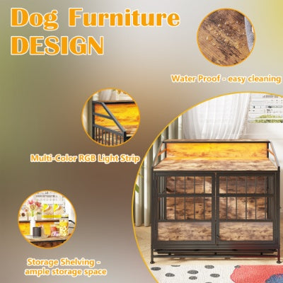 VelvetPaws™ Multi-Function Wooden Dog Crate Furniture with Storage, Double Doors & LED Lighting