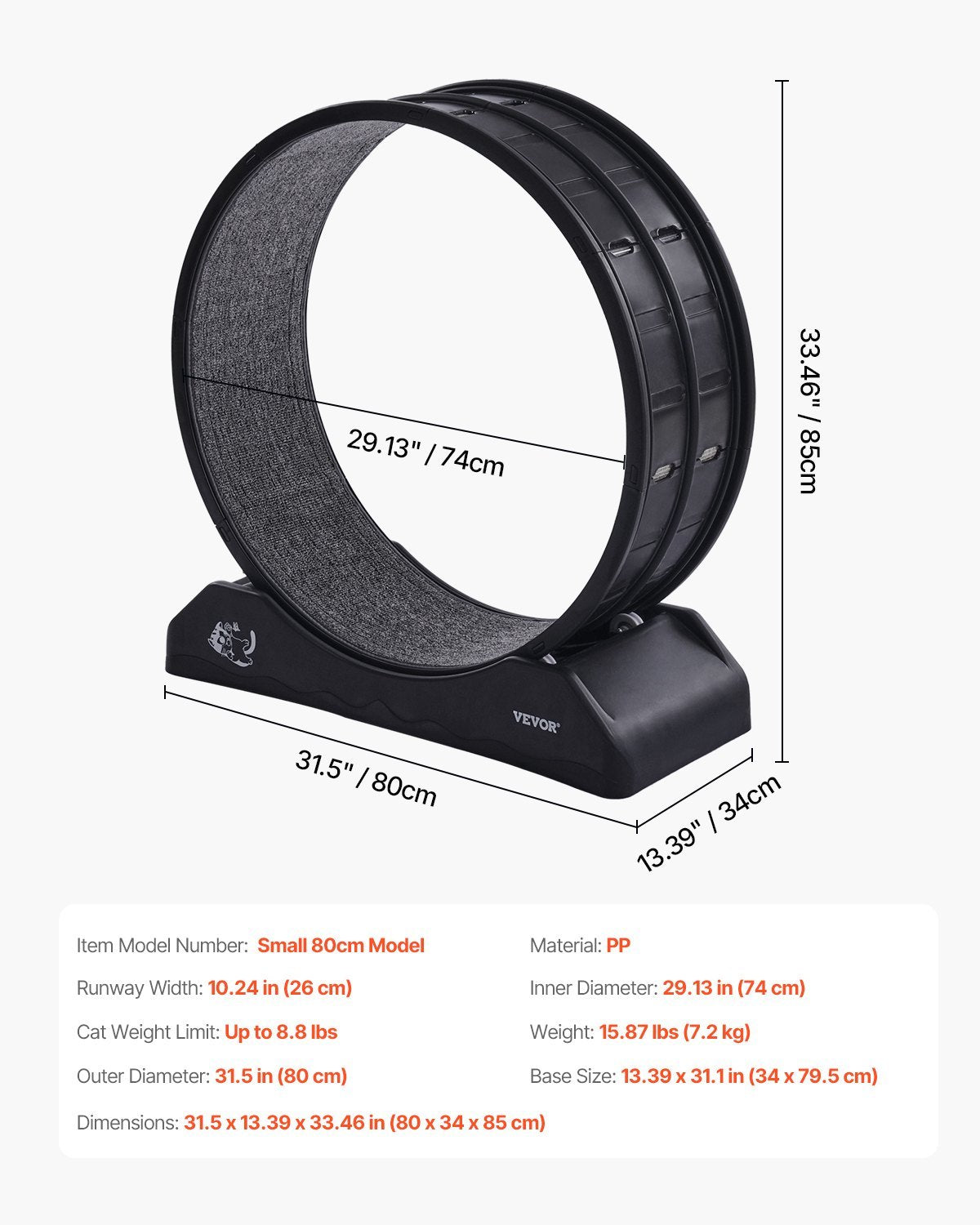 VelvetPaws™ Compact Indoor Cat Exercise Wheel – Quiet Running Treadmill for Small Cats (31.5") | Safe & Stable Fitness Wheel