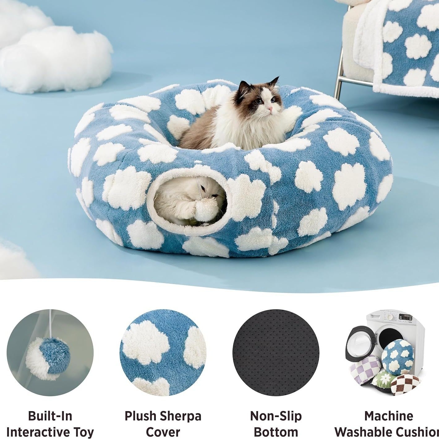 VelvetPaws™ Plush Cat Tunnel Bed – Light Cloud Donut Foldable Cat Nest (Blue)
