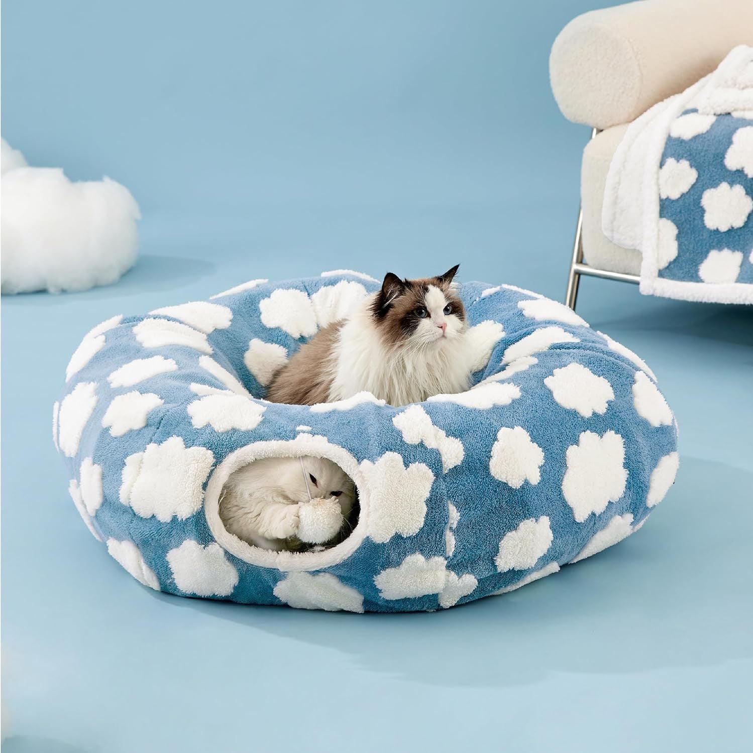 VelvetPaws™ Plush Cat Tunnel Bed – Light Cloud Donut Foldable Cat Nest (Blue)
