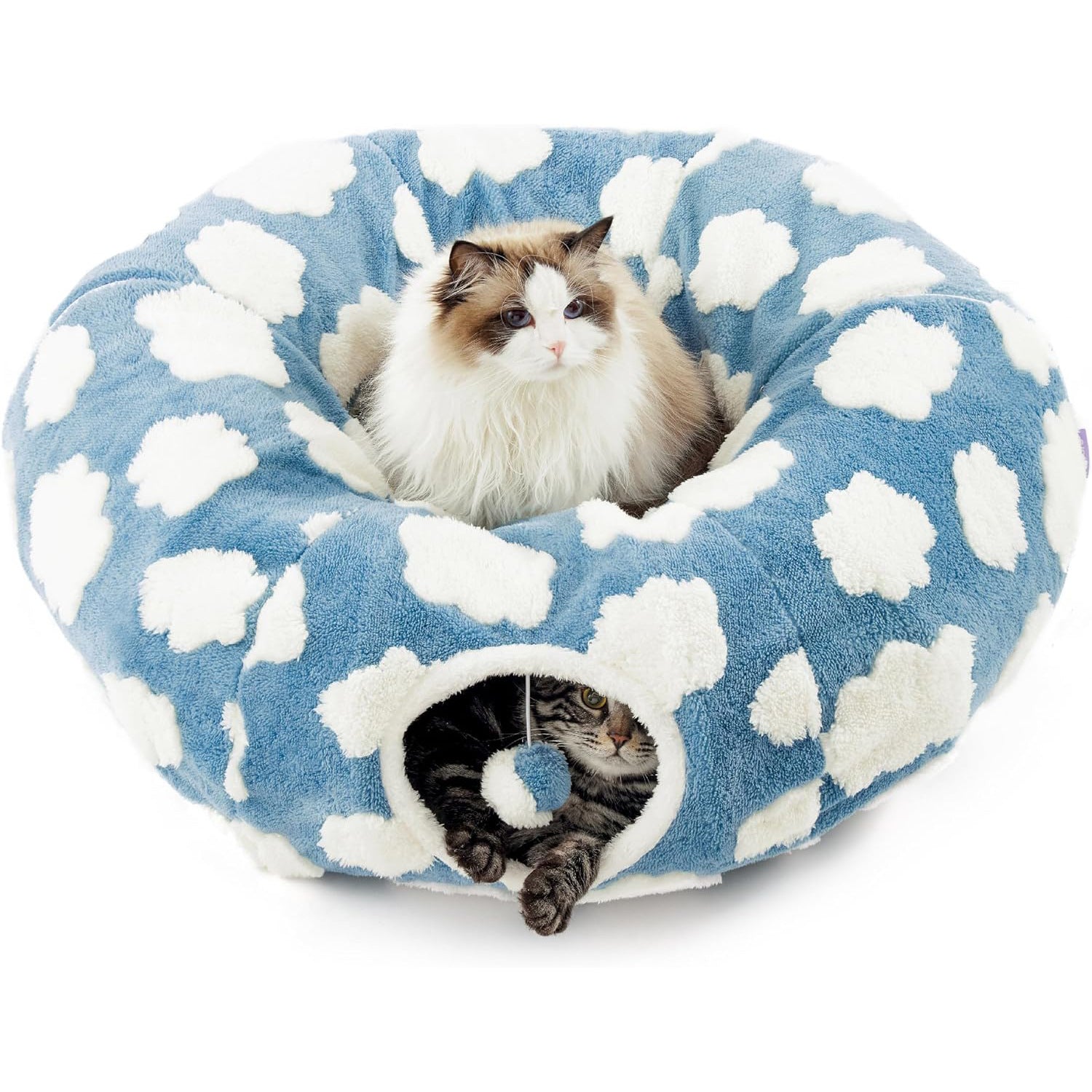 VelvetPaws™ Plush Cat Tunnel Bed – Light Cloud Donut Foldable Cat Nest (Blue)