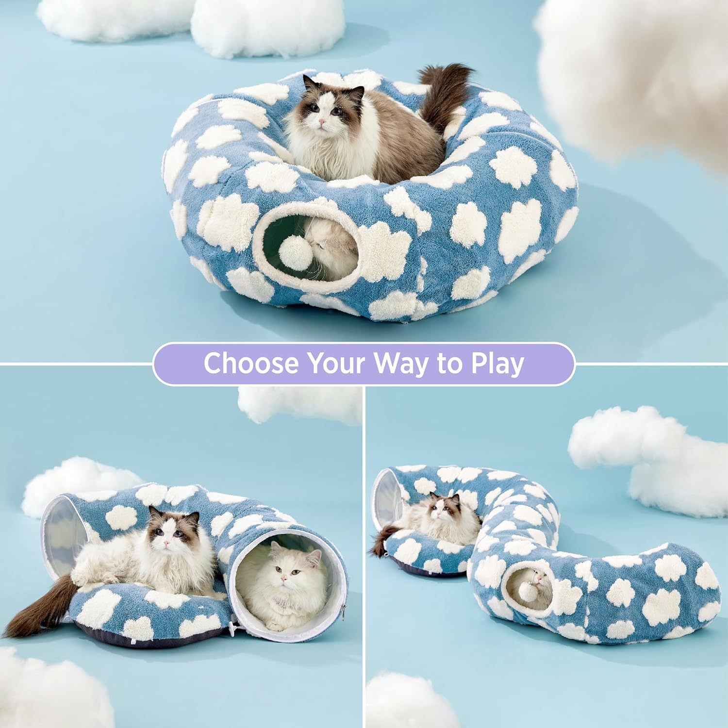 VelvetPaws™ Plush Cat Tunnel Bed – Light Cloud Donut Foldable Cat Nest (Blue)