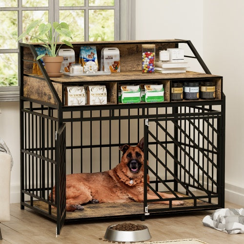 VelvetPaws™ 43” Luxury Wooden Dog Crate Furniture with Divider & 3 Storage Drawers – Double Door Kennel