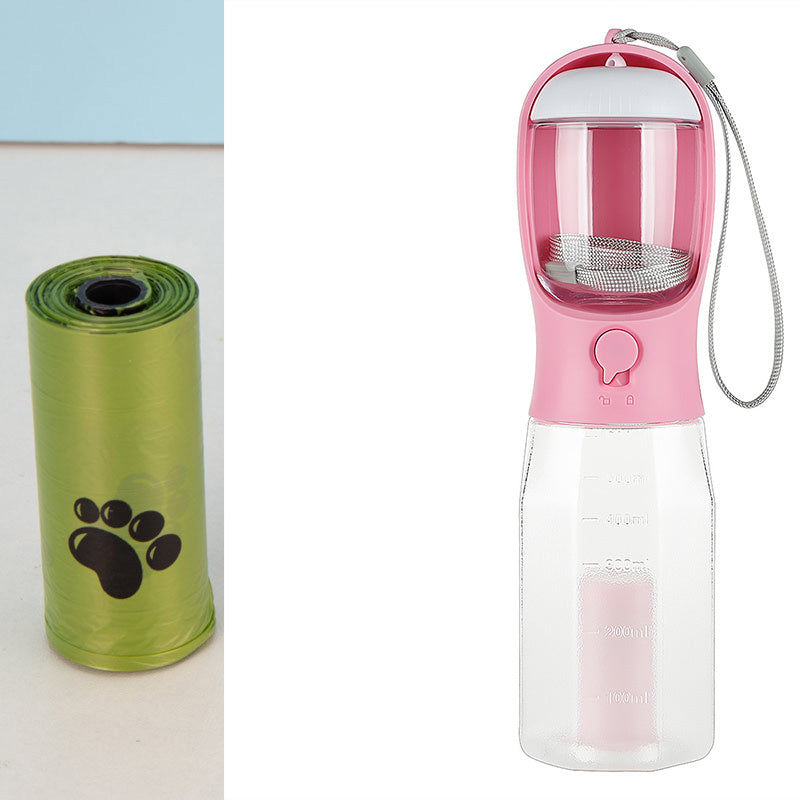 VelvetPaws™ 3-in-1 Travel Hydration Bottle – Water, Food & Poop Bag Dispenser