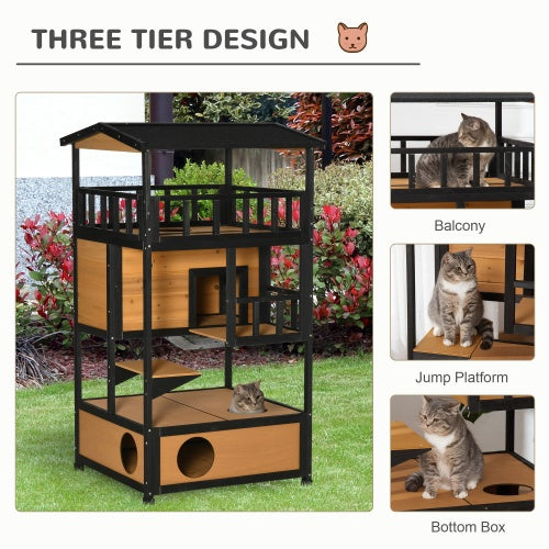 VelvetPaws™ Outdoor Wooden Cat House with Escape Door, Jump Platforms & Weatherproof Roof – Wild Cat Shelter