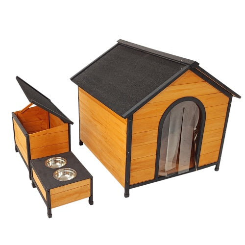 VelvetPaws™ Modular Wooden Dog House with Feeding Station & Toy Storage – Multi-Dog Outdoor Shelter