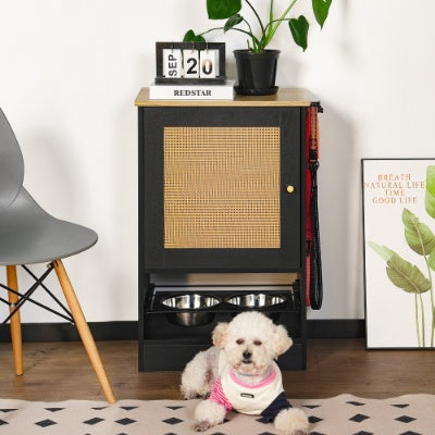 VelvetPaws™ Hidden Feeding Station – Black + Vintage | Dual Raised Bowls, Storage & Side Hooks