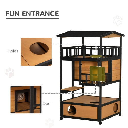 VelvetPaws™ Outdoor Wooden Cat House with Escape Door, Jump Platforms & Weatherproof Roof – Wild Cat Shelter