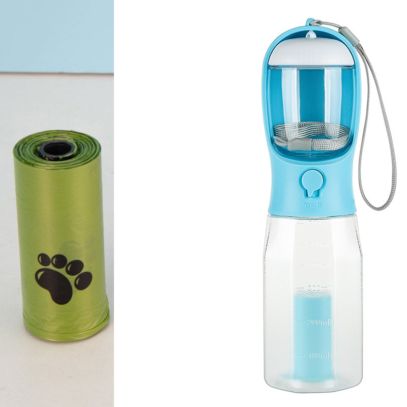 VelvetPaws™ 3-in-1 Travel Hydration Bottle – Water, Food & Poop Bag Dispenser