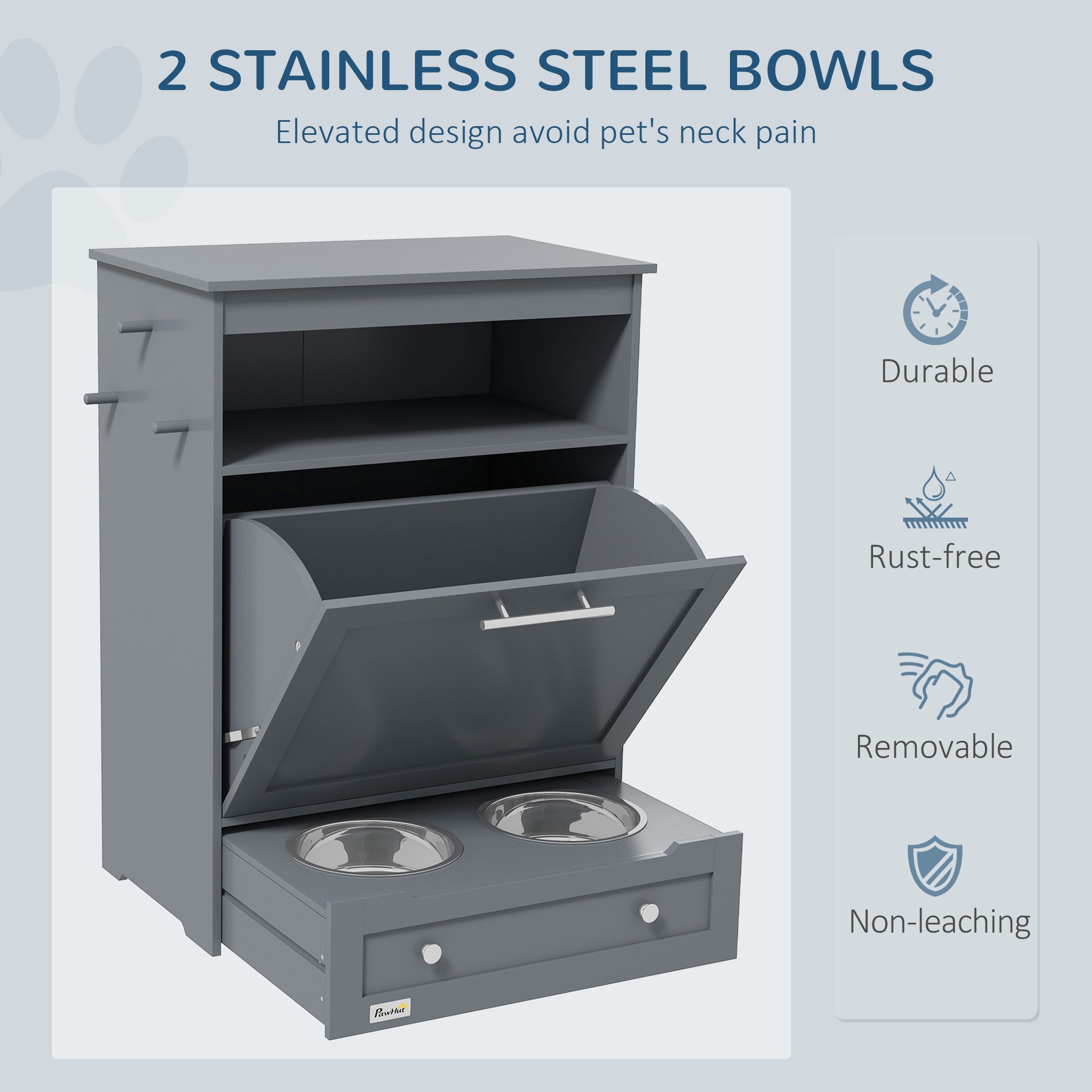 VelvetPaws™ Pet Feeder Station Locker – Grey | Raised Bowls & Hidden Storage Cabinet