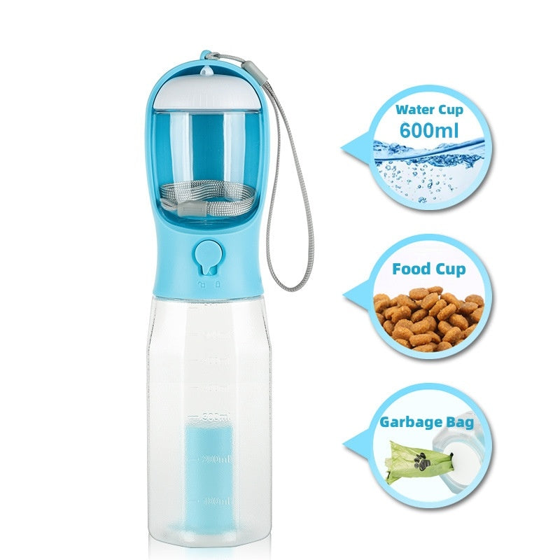 VelvetPaws™ 3-in-1 Travel Hydration Bottle – Water, Food & Poop Bag Dispenser