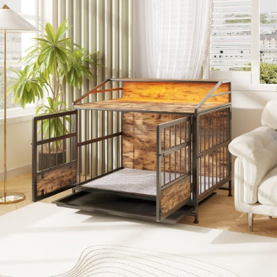 VelvetPaws™ Multi-Function Wooden Dog Crate Furniture with Storage, Double Doors & LED Lighting