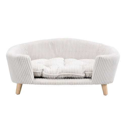 VelvetPaws™ Elevated Corduroy Pet Bed – Dog Couch with Rubber Wood Legs (Beige)